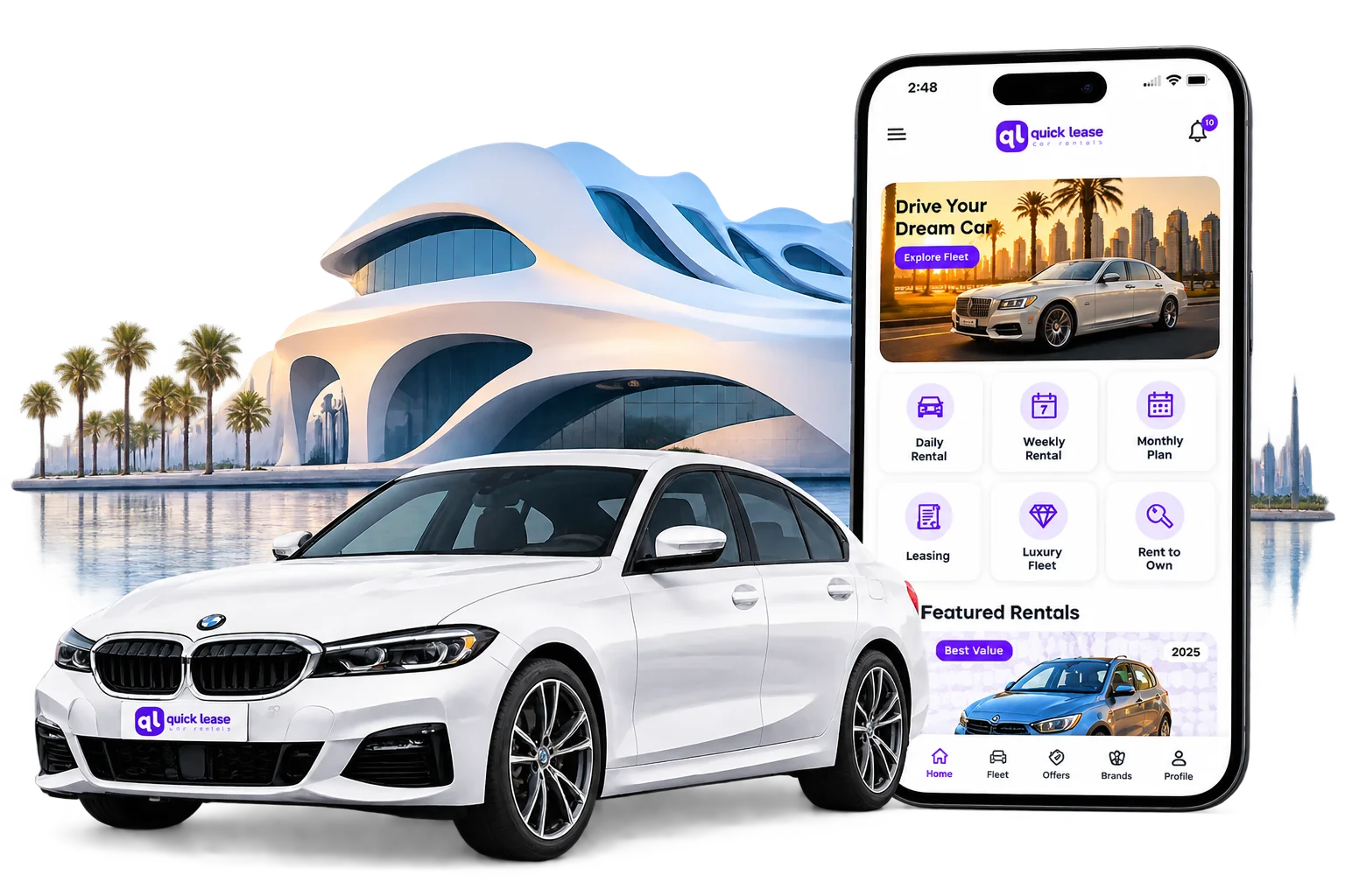 Quick Lease mobile app displayed beside a white sedan