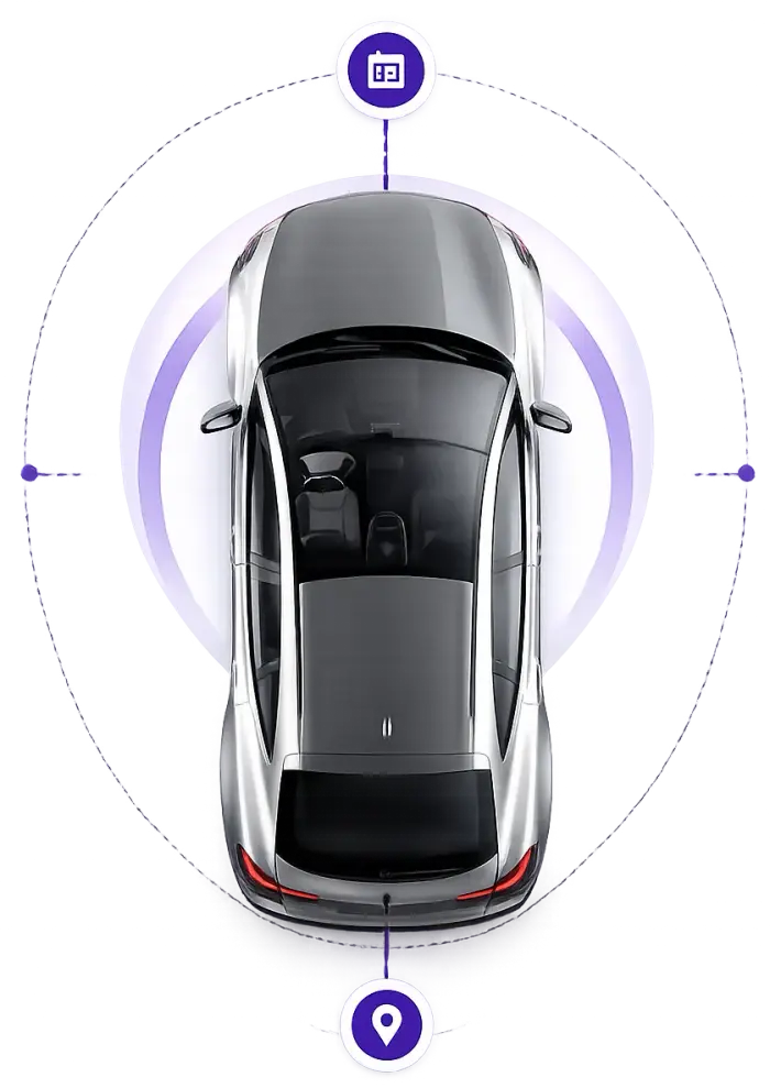 Top view of a car illustrating the three-step booking process