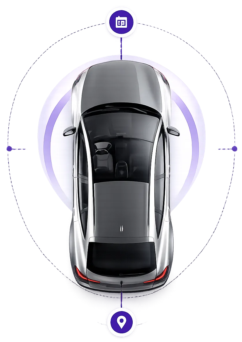 Top view of a car illustrating the three-step booking process