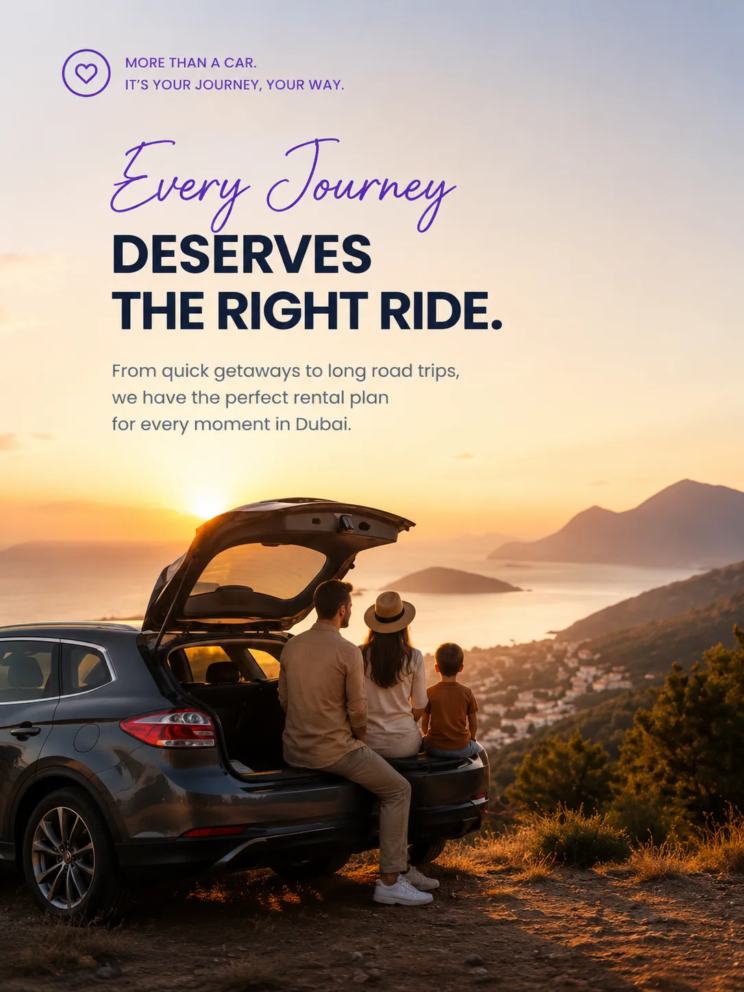 Family enjoying a road trip at sunset