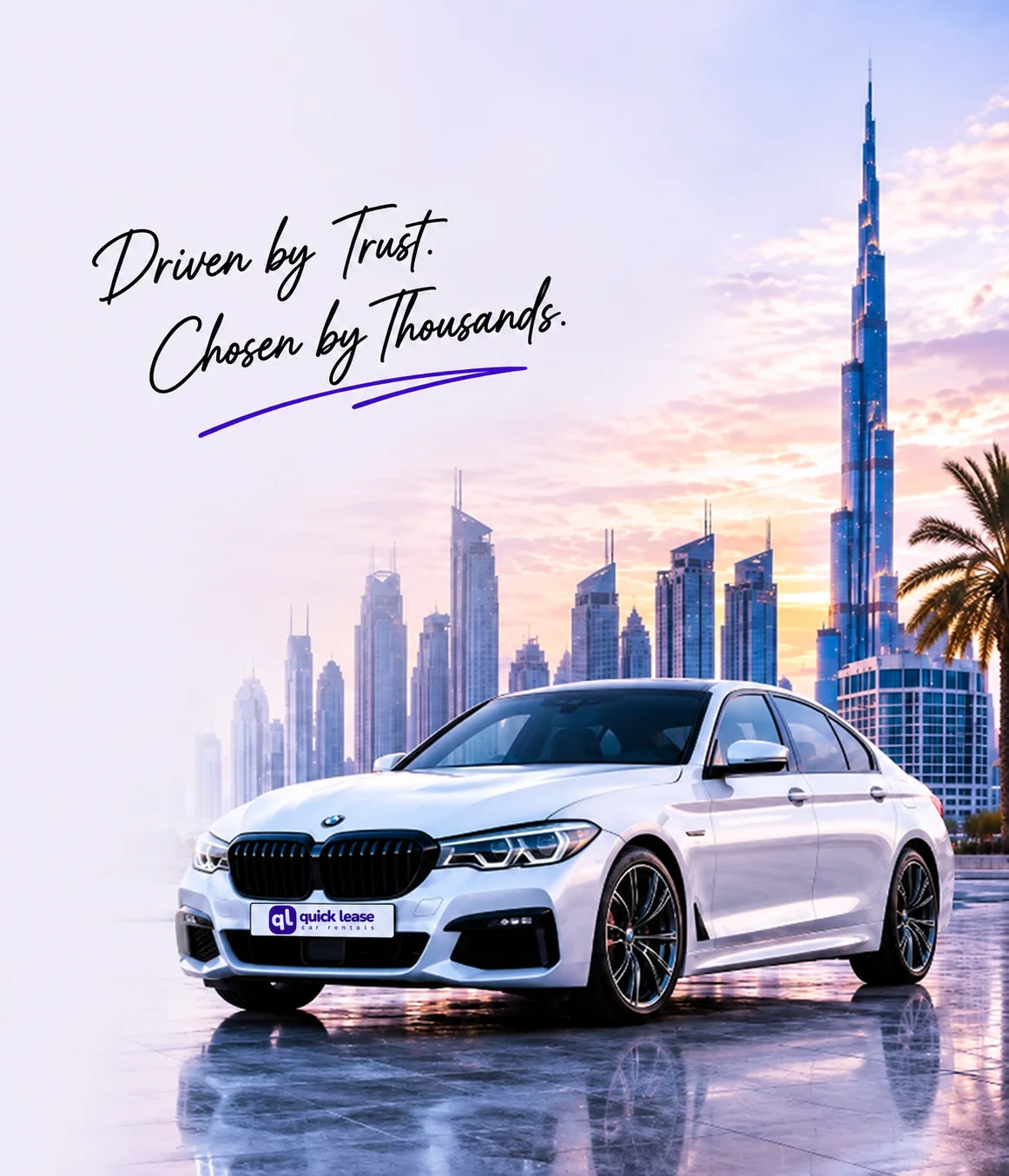 White sedan in Dubai skyline