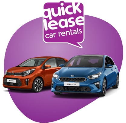Banner quick lease logo and two cars blue and red
